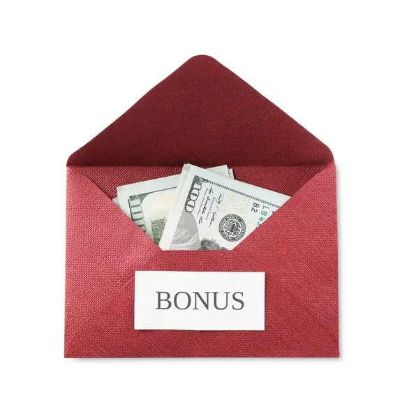 Zarfın içinde Bonus ve dolar banknotları beyaz, üst görünümde izole
