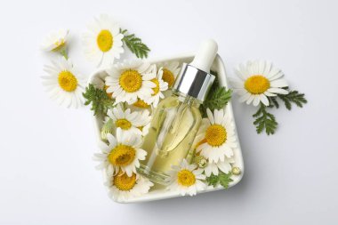 Beyaz arka planda bir şişe temel yağ ve papatya çiçeği.