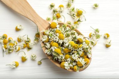 Beyaz ahşap masada kaşıkta papatya çiçekleri, üst manzara.