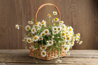 Güzel papatya çiçekleri hasır sepetin içinde ahşap masanın üzerinde