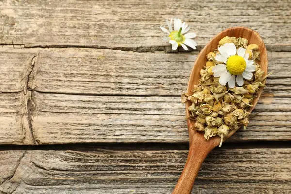 Tahta masada, kaşıkla taze papatya çiçekleri. Metin için boşluk