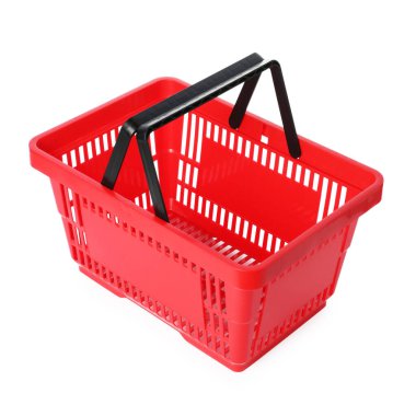 Beyaza izole edilmiş kırmızı bir alışveriş sepeti.