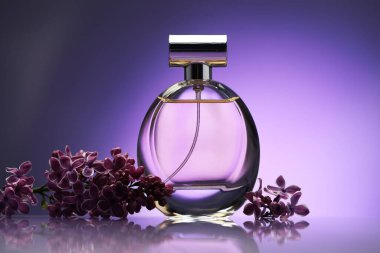Güzel leylak çiçekleri ve parfüm ayna yüzeyinde mor eğimli arka planda