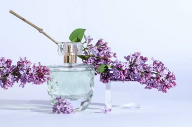 Parfüm şişesi ve açık gri arka planda leylak çiçekli dallar, yakın plan.