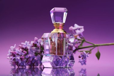 Ayna yüzeyinde leylak çiçekleri olan bir şişe parfüm ve dal. Renk eğimine karşı, yakın plan.