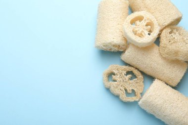 Açık mavi arka planda doğal lif süngeri, düz. Metin için boşluk