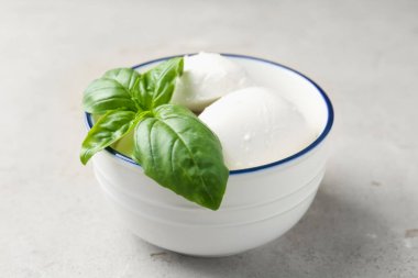 Nefis mozzarella peyniri ve fesleğen ışık masasında, yakın plan.