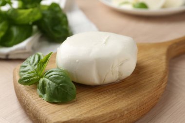 Ahşap masada mozzarella peyniri ve fesleğen, yakın plan.