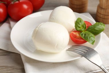 Lezzetli mozzarella peynir topları, domates ve fesleğen, yakın plan.