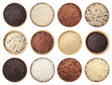 Kahverengi ve diğer pirinç türleri beyaz kaselerde izole edilmiş, sette. Üst görünüm