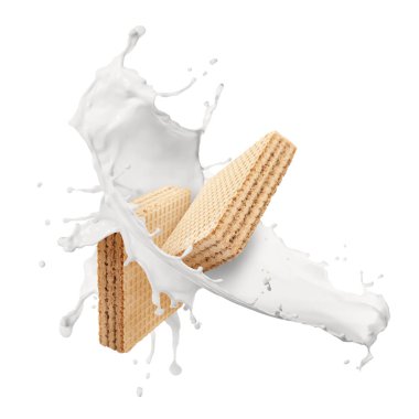 Lezzetli çıtır gofretler ve beyaz arka planda süt sıçraması.