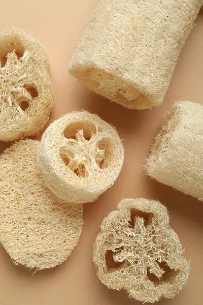 Bej arka planda doğal lif süngerleri, düz yatış