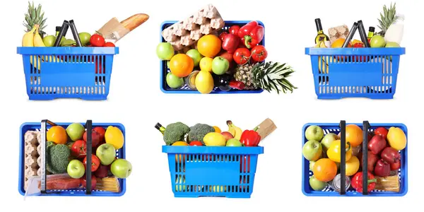 Beyaz arka planda farklı ürünler içeren alışveriş sepetleri, kolaj