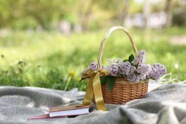 Yığınla kitap ve hasır sepet. Yeşil çimlerin üzerinde leylak çiçekleri.