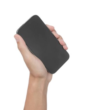 Beyaz arka planda modern akıllı telefonu olan adam, yakın plan. Tasarım için model