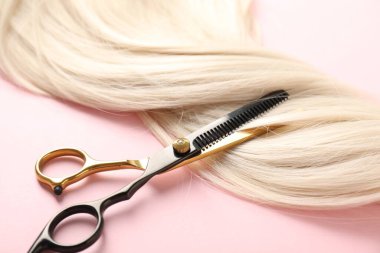 Açık pembe arka planda saç teli ve makas, yakın plan.