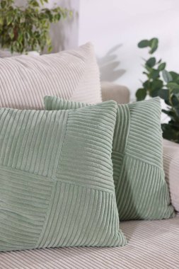 İçerideki kanepede iki açık yeşil yastık.