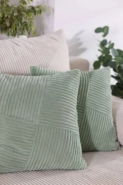 İçerideki kanepede iki açık yeşil yastık.