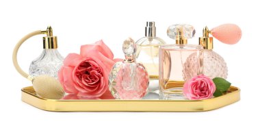 Birçok farklı parfüm şişeleri ve güller beyaz üzerine izole edilmiş.