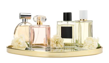 Birçok farklı parfüm şişeleri ve çiçekler beyaz üzerine izole edilmiş.