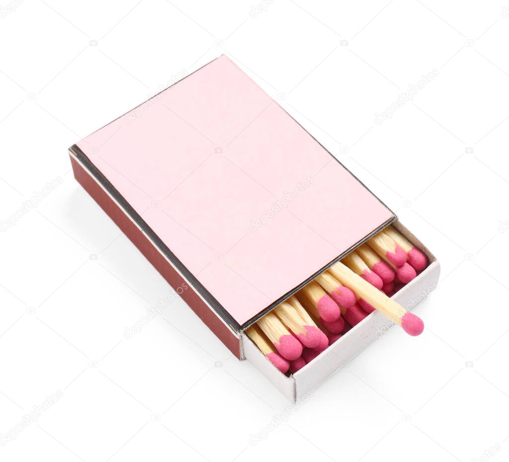 Matches in box isolated on white. Mockup for design