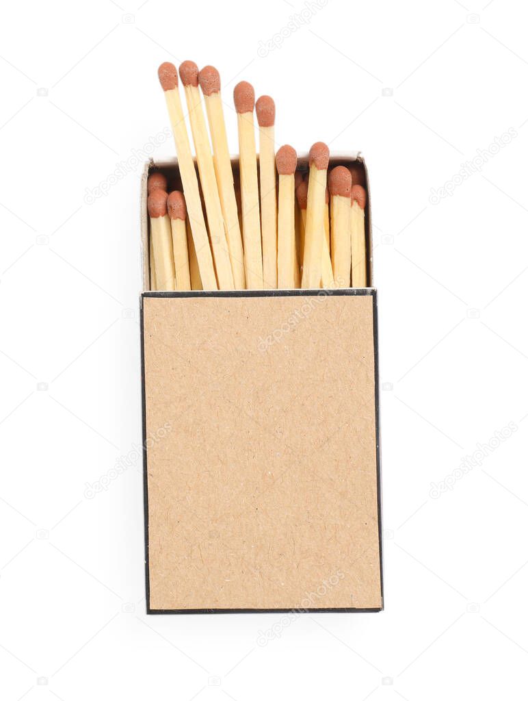 Matches in box isolated on white, top view. Mockup for design