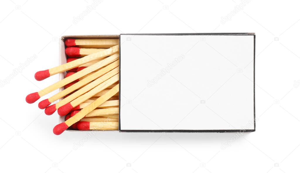 Matches in box isolated on white, top view. Mockup for design