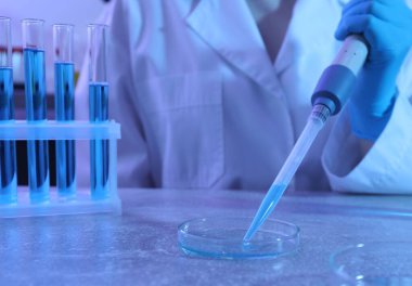 Bilimadamı laboratuardaki masada mikropipetle numune alıyor, yakın plan.