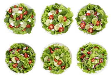 Beyaz arka planda sebzeli lezzetli taze salatalar, Üst Manzarayı ayarla