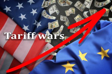 Gümrük savaşları. Amerika ve Avrupa Birliği bayrakları, ok ve düşen dolarlar