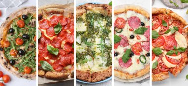 Farklı lezzetli pizzaların kolajı, üst manzara. Pankart tasarımı