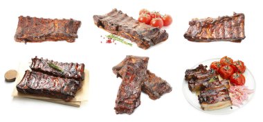 Beyaz arka planda nefis ızgara kaburgalar, kolaj.