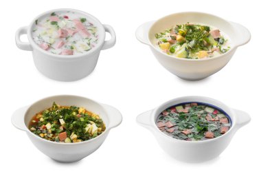 Soğuk çorbalar beyaz tencerelerde izole edilmiş.