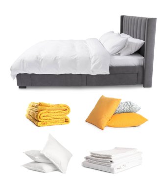 Yapılandırılmış yatak, yastıklar, battaniye ve beyaz çarşaflar, kolaj