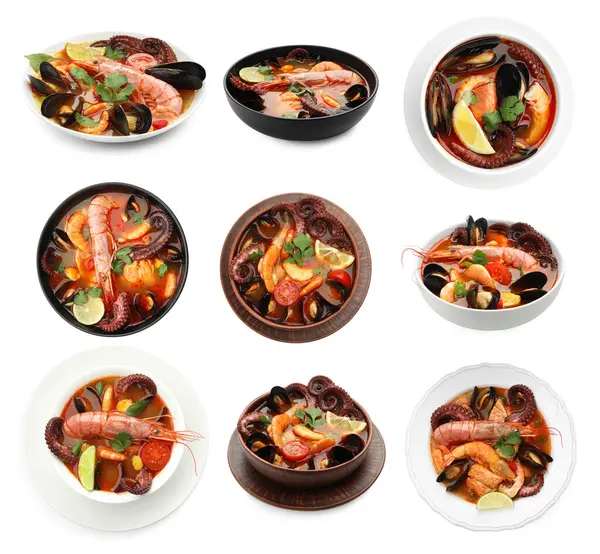 Beyaz kolajla izole edilmiş kâselerdeki lezzetli deniz ürünleri çorbası. Üst ve yan görünüm