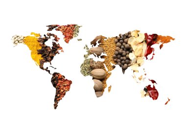 Beyaz arkaplandaki farklı aromatik baharatlardan oluşan dünya haritası