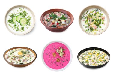 Soğuk çorbalar beyaz tencerelerde izole edilmiş.