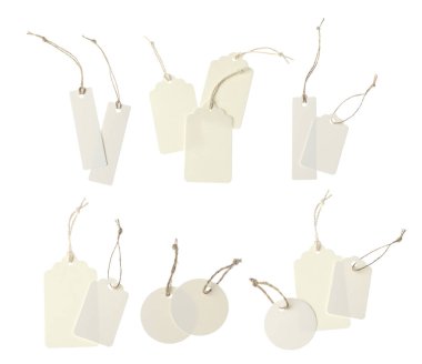 Beyaz arka planda bir sürü boş etiket, kolaj. Tasarım için model