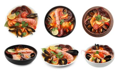 Beyaz kolajla izole edilmiş kâselerdeki lezzetli deniz ürünleri çorbası. Üst ve yan görünüm