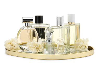 Birçok farklı parfüm şişeleri ve çiçekler beyaz üzerine izole edilmiş.