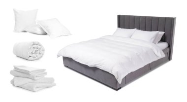 Yapılandırılmış yatak, yastıklar ve havlular beyaza izole edilmiş, kolaj