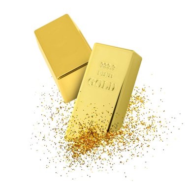 Beyaz arkaplanda altın külçeler ve toz