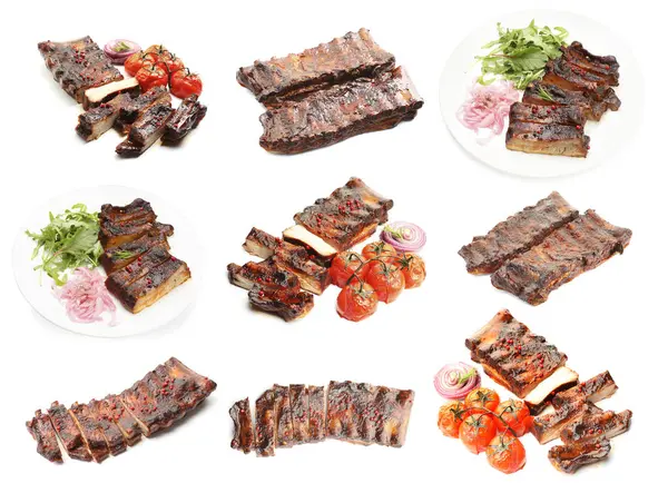 Beyaz arka planda nefis ızgara kaburgalar, kolaj.