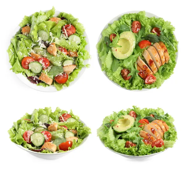 Beyaz arka planda eti olan lezzetli taze salatalar, kolaj. Üst ve yan görünüm