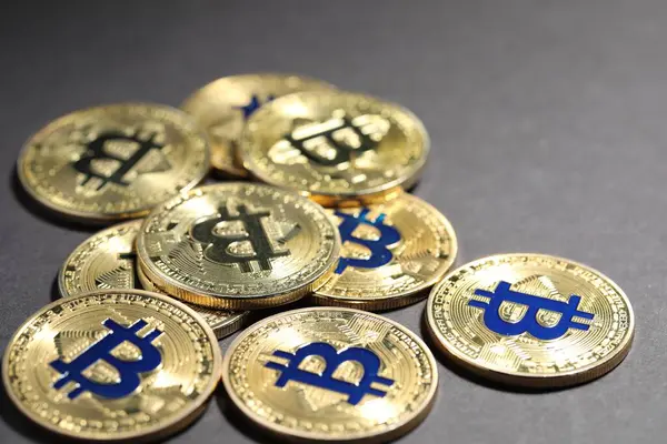 Kripto para birimi. Gri arkaplanda altın bitcoinler, yakın plan