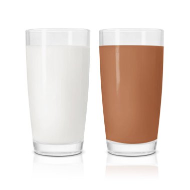 Beyaz bardakta çikolatalı içecek ve süt.