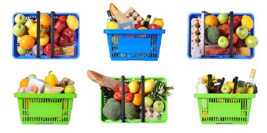 Beyaz arka planda farklı ürünler içeren alışveriş sepetleri, kolaj