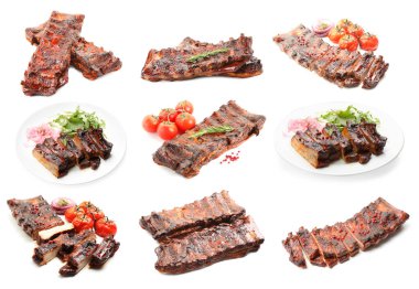 Beyaz arka planda nefis ızgara kaburgalar, kolaj.