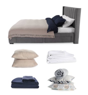 Yapılandırılmış yatak, yastıklar, battaniye ve beyaz çarşaflar, kolaj