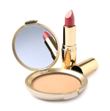 Aynalı açık yüz pudrası ve beyaz ruj.
